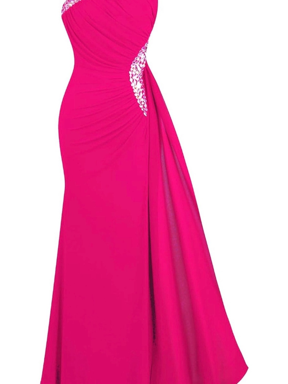Fuschia One Shoulder Ruching Beading Ribbon Soft Evening Gown